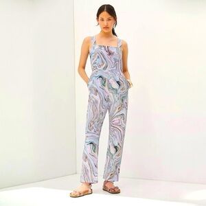 ANTHROPOLOGIE HUTCH MARBLE LINEN BLEND OVERALL JUMPSUIT